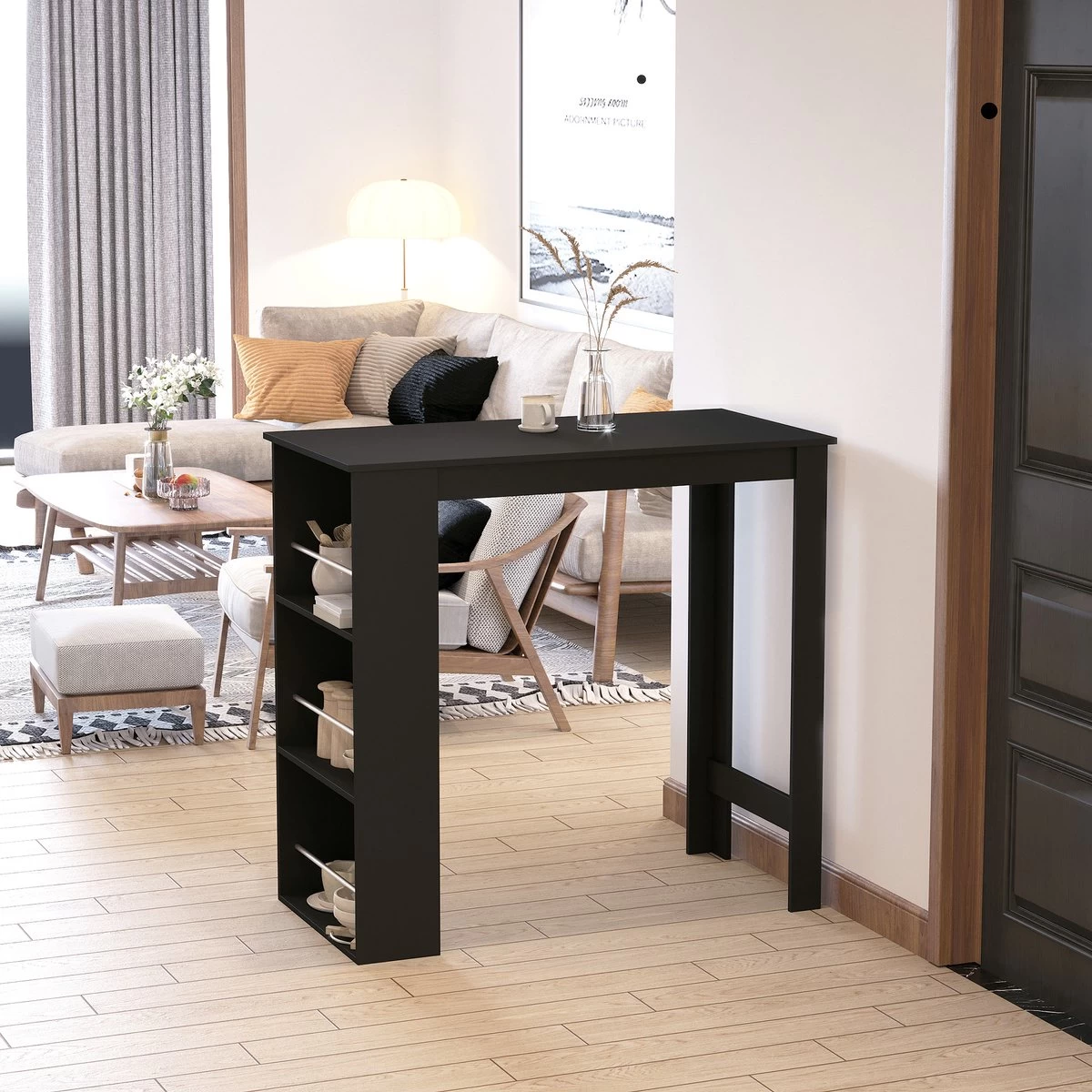 HOMCOM Table De Bar, Bureau, Table De Cuisine Avec 3 étagères, Aggloméré Noir 835-390 – Image 17