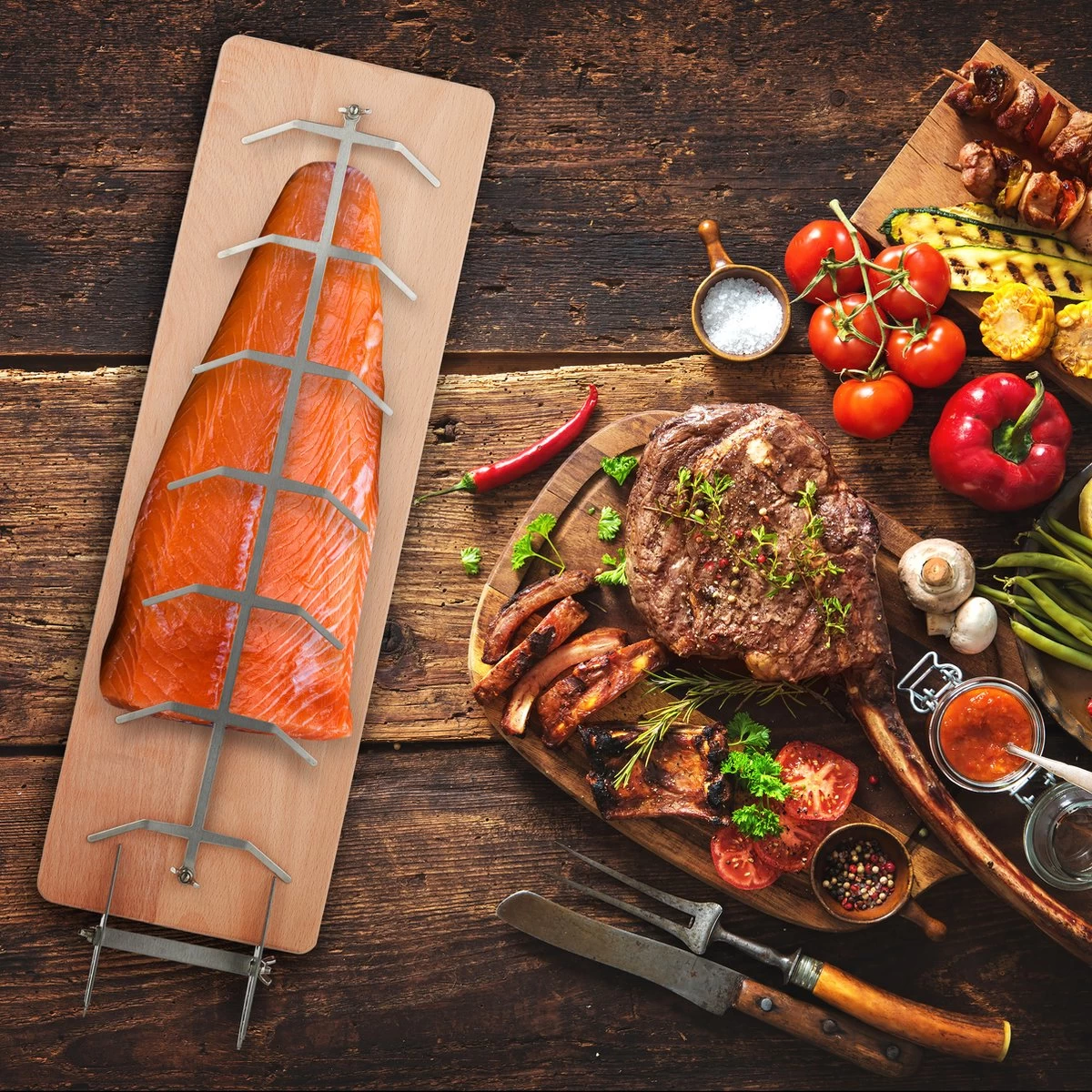Relaxdays Planche à Fumer Barbecue Saumon - Avec Support - Planche à Saumon Finlandaise - Planche Barbecue - Bois De Hêtre – Image 6
