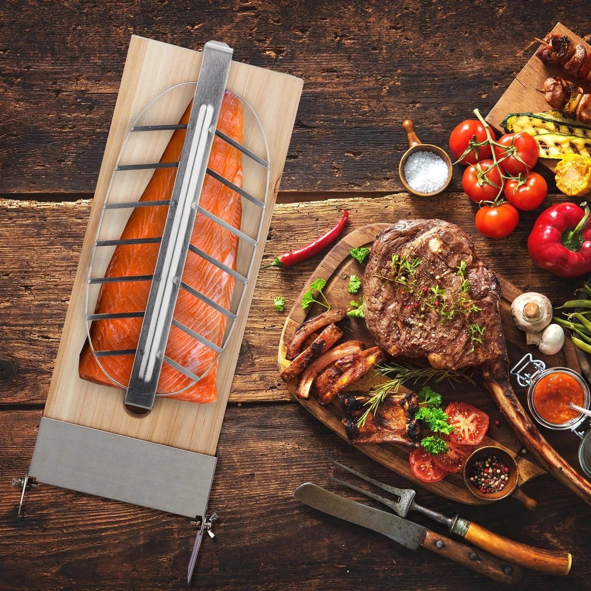 Relaxdays Ensemble De 2 Planches à Saumon Finlandais - Bois De Cèdre - Planche à Fumer Barbecue - Support Ovale - Pinces – Image 3