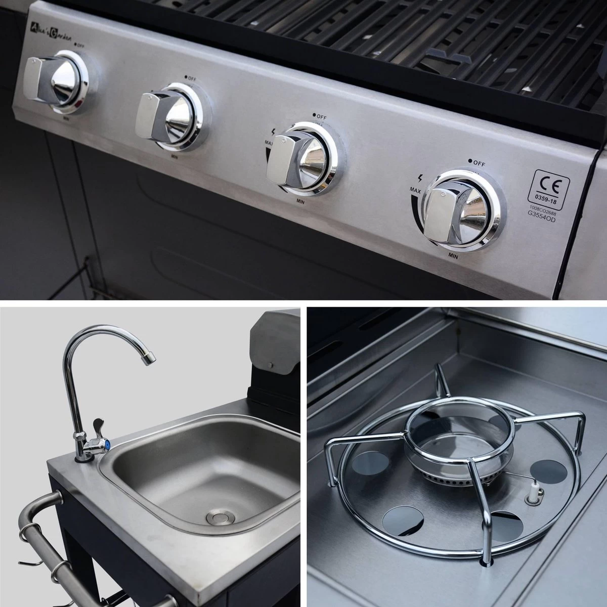 Barbecue à Gaz D Artagnan Cuisine Extérieure 5 Feux, évier, Planche à Découper, Thermomètre - Branchement Gaz G1 2 F15-21 Inclus. – Image 3