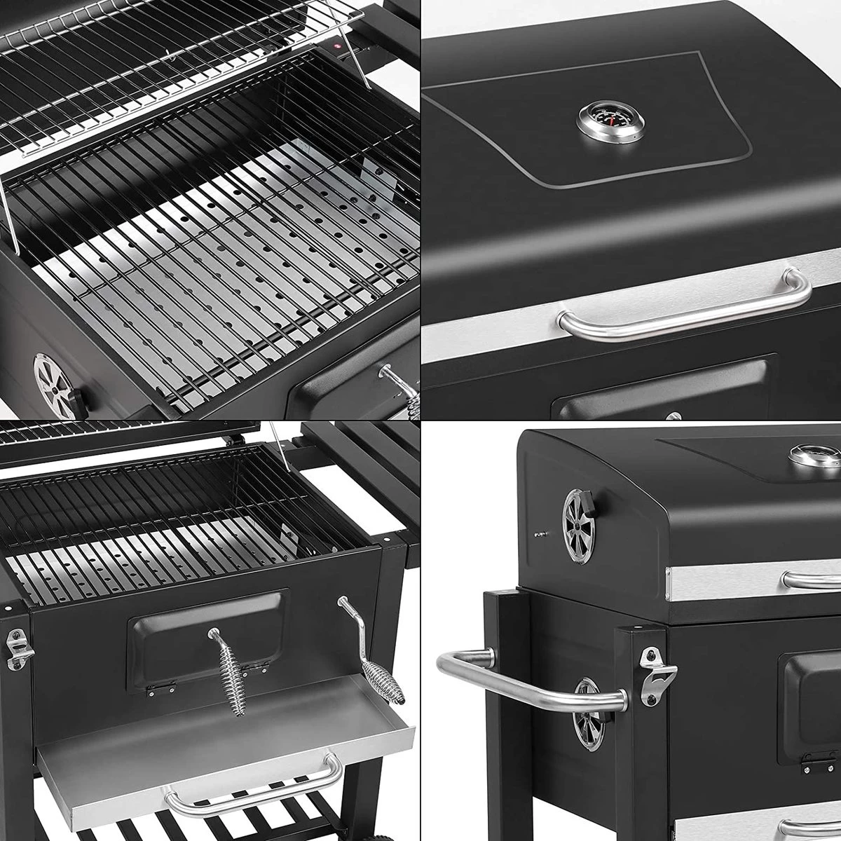 Barbecue - Bbq Charbon De Bois - Grill Chariot Émaillé - Chariot Bbq - 113X53,5X100 Cm, Avec Ouvre - Thermomètre - Cendrier Amovible - Crochet - Planches - Feuille De Charbon De Bois - 3 Grilles - 2 Roues – Image 4