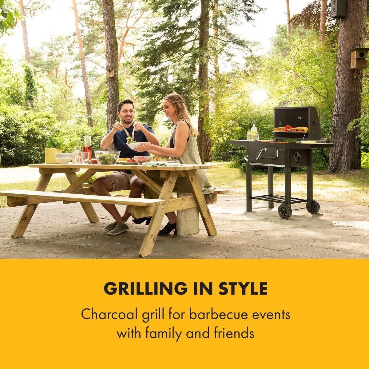 Klarstein à Charbon Klarstein Meat Machine 45 X 32,5 Cm, Thermomètre, Roues, Deux Tables D'appoint Pratiques En Bois De 25 X 19 Cm, Noir – Image 2