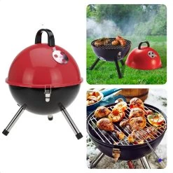 Cheqo® Kogelbarbecue - BBQ à Charbon De Bois - Barbecue - Barbecue De Table - Rouge - Ø 32cm - Surface De Cuisson 30cm - Grille De Ventilation Réglable - Capot Rond Verrouillable