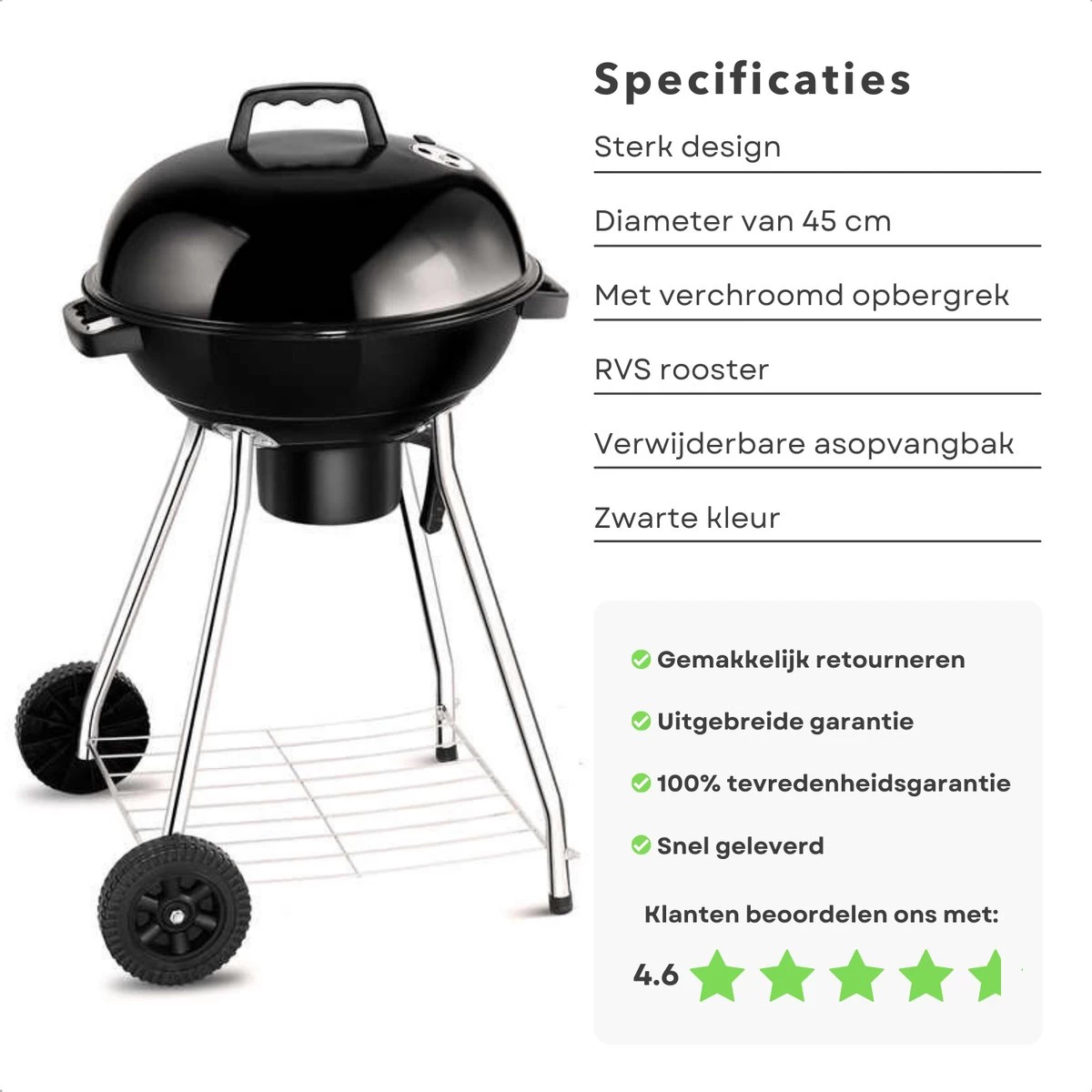 Barbecue à Charbon De Bois Rond De Luxe Cheqo® - Grille De Cuisson 45 Cm - 2 Roues - Support De Rangement Chromé - 82x54x54cm - BBQ – Image 2