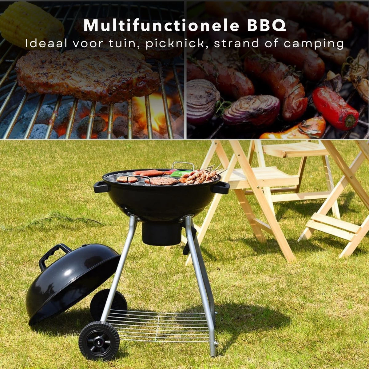 Barbecue à Charbon De Bois Rond De Luxe Cheqo® - Grille De Cuisson 45 Cm - 2 Roues - Support De Rangement Chromé - 82x54x54cm - BBQ – Image 3
