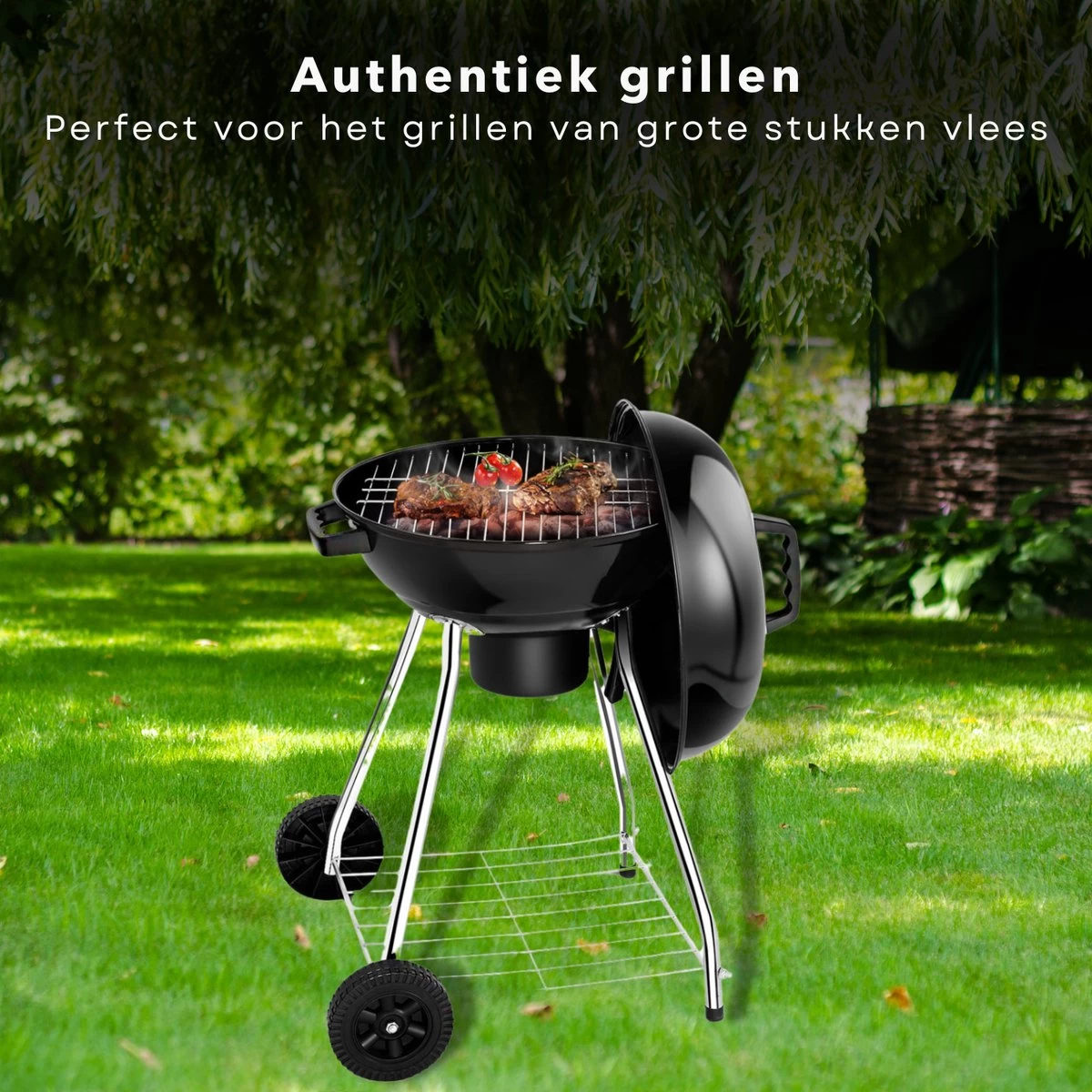 Barbecue à Charbon De Bois Rond De Luxe Cheqo® - Grille De Cuisson 45 Cm - 2 Roues - Support De Rangement Chromé - 82x54x54cm - BBQ – Image 6