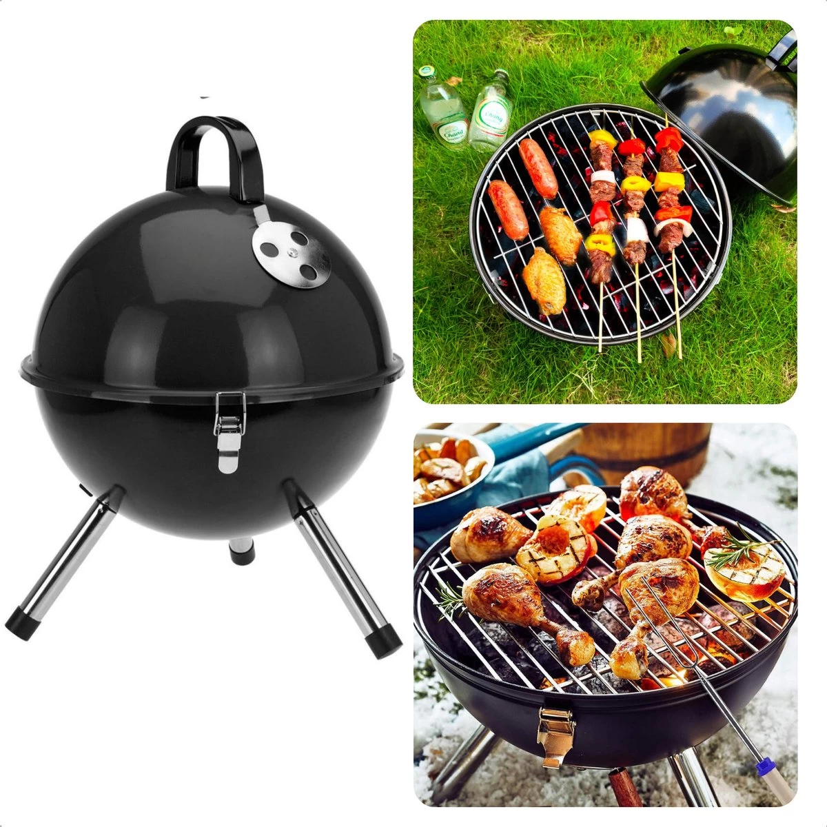 Cheqo® Kogelbarbecue - BBQ à Charbon De Bois - Barbecue - Barbecue De Table - Zwart - Ø 32cm - Surface De Cuisson 30cm - Grille De Ventilation Réglable - Capot Rond Verrouillable