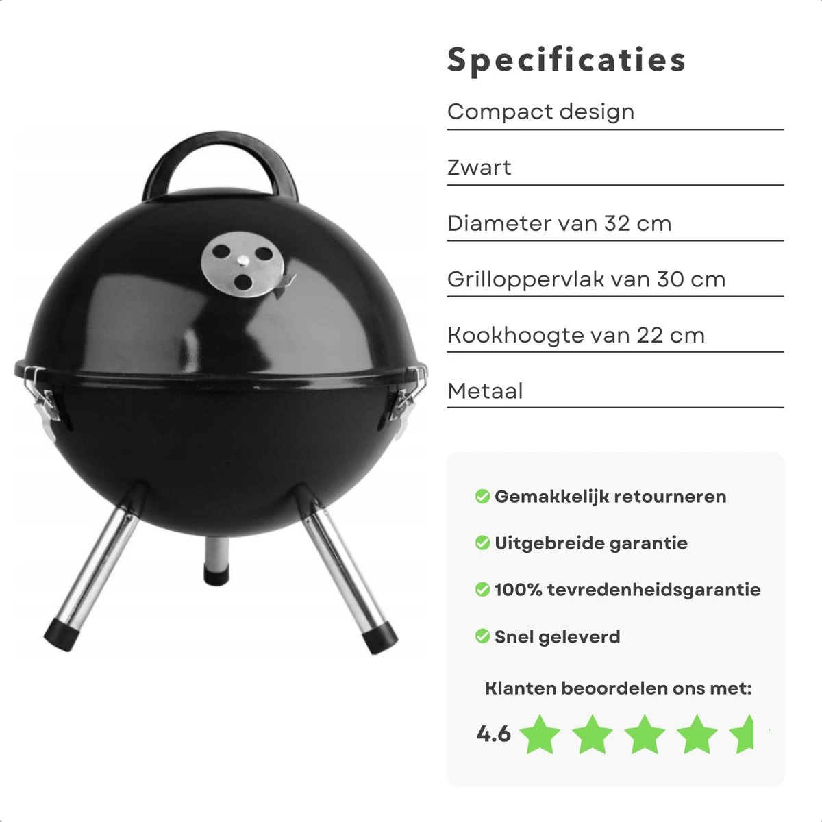 Cheqo® Kogelbarbecue - BBQ à Charbon De Bois - Barbecue - Barbecue De Table - Zwart - Ø 32cm - Surface De Cuisson 30cm - Grille De Ventilation Réglable - Capot Rond Verrouillable – Image 2