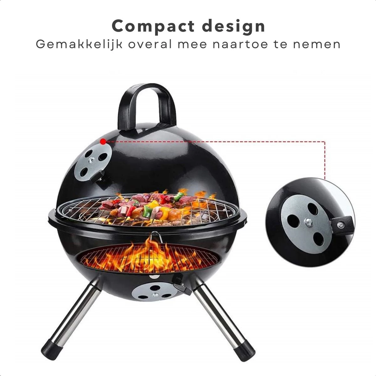 Cheqo® Kogelbarbecue - BBQ à Charbon De Bois - Barbecue - Barbecue De Table - Zwart - Ø 32cm - Surface De Cuisson 30cm - Grille De Ventilation Réglable - Capot Rond Verrouillable – Image 6