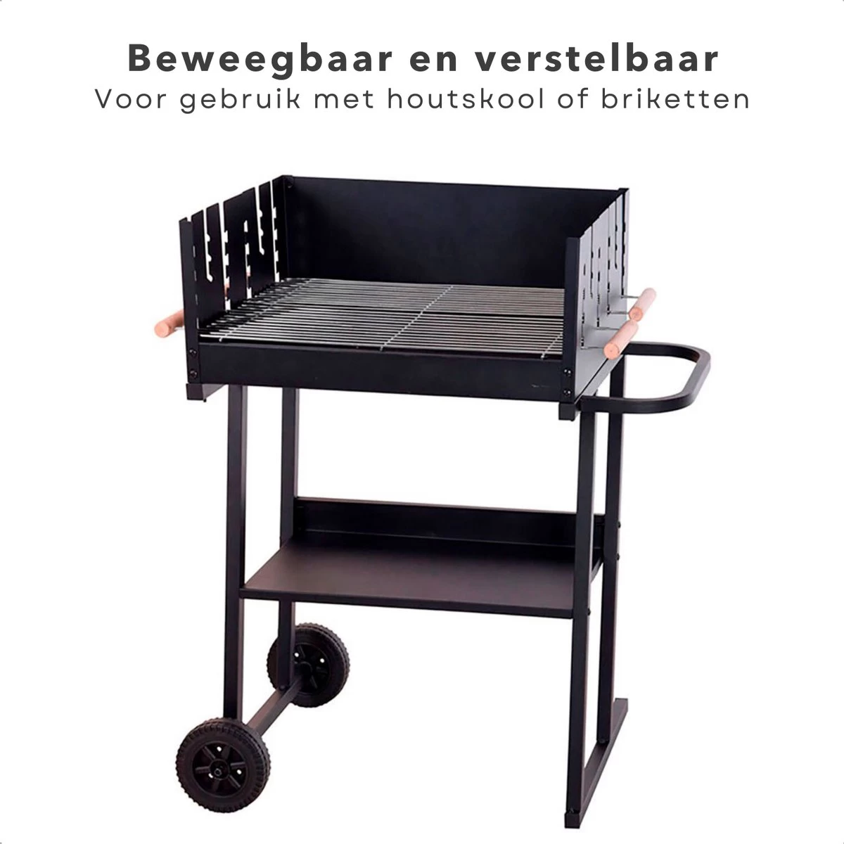 BBQ Rectangulaire Cheqo® - Barbecue Sur Roues - Charbon De Bois - 82x47x90cm - Hauteur De Cuisson Réglable 75-87cm - Surface De Cuisson 59x41cm - Avec Paravent - Mobile – Image 3