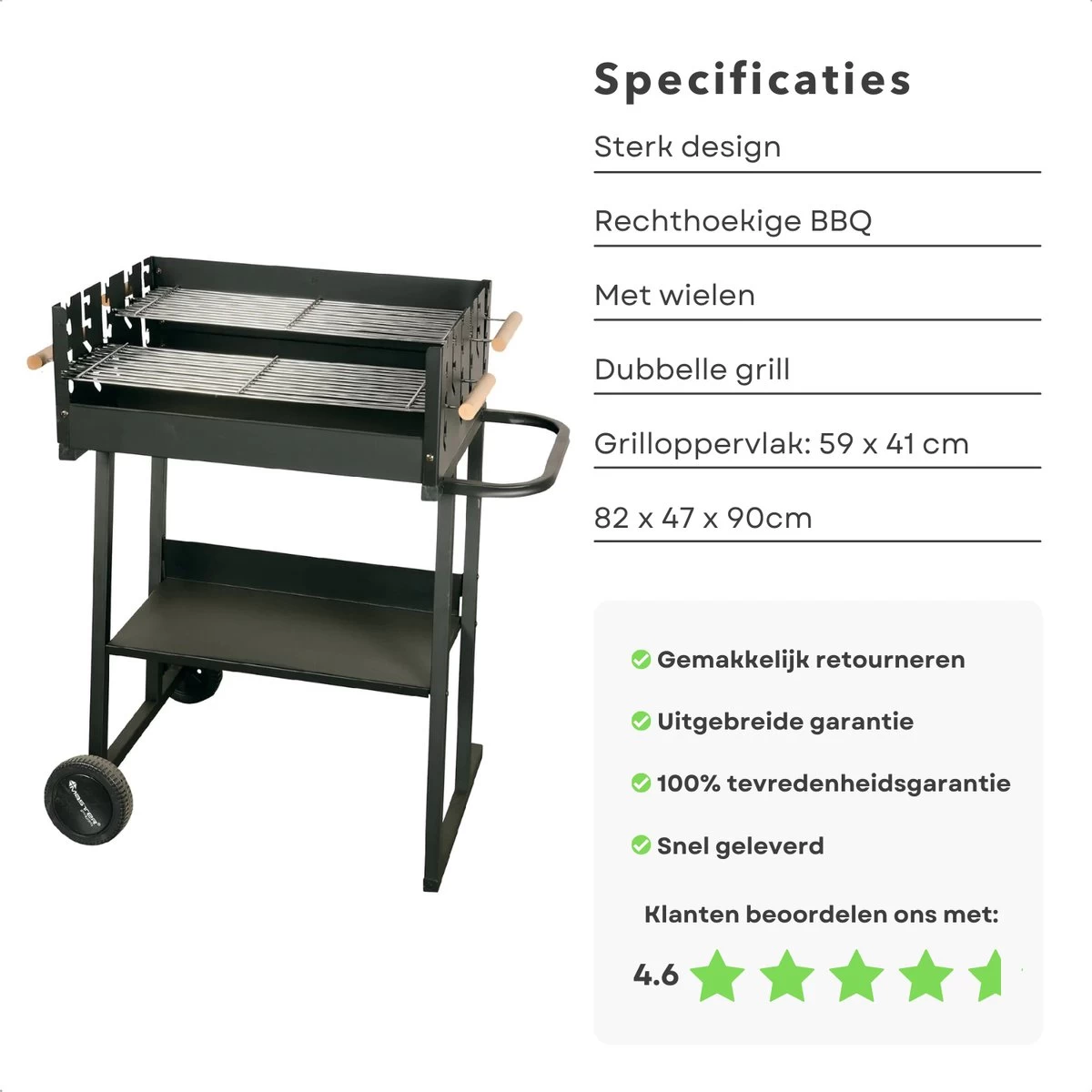 BBQ Rectangulaire Cheqo® - Barbecue Sur Roues - Charbon De Bois - 82x47x90cm - Hauteur De Cuisson Réglable 75-87cm - Surface De Cuisson 59x41cm - Avec Paravent - Mobile – Image 4