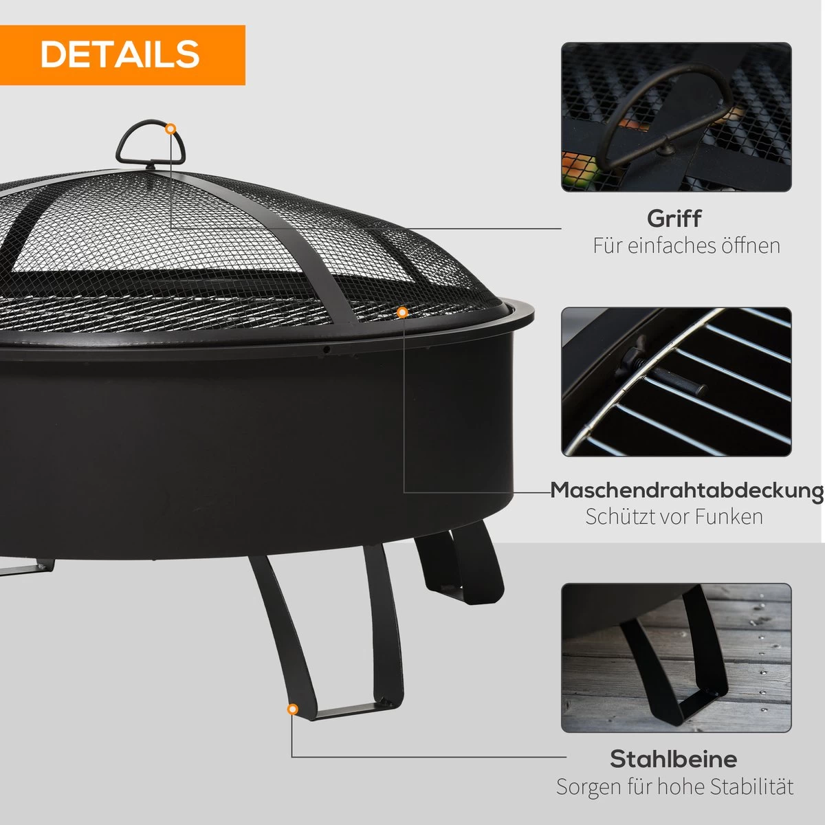 Bol à Feu D'extérieur Outsunny Avec Grille De Cuisson Avec Couvercle Feu Poker Jardin Feu De Camp Patio 842-177 – Image 2