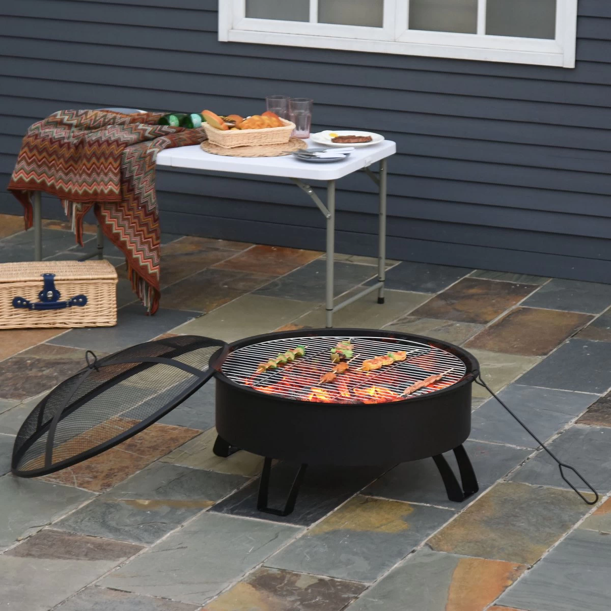 Bol à Feu D'extérieur Outsunny Avec Grille De Cuisson Avec Couvercle Feu Poker Jardin Feu De Camp Patio 842-177 – Image 6