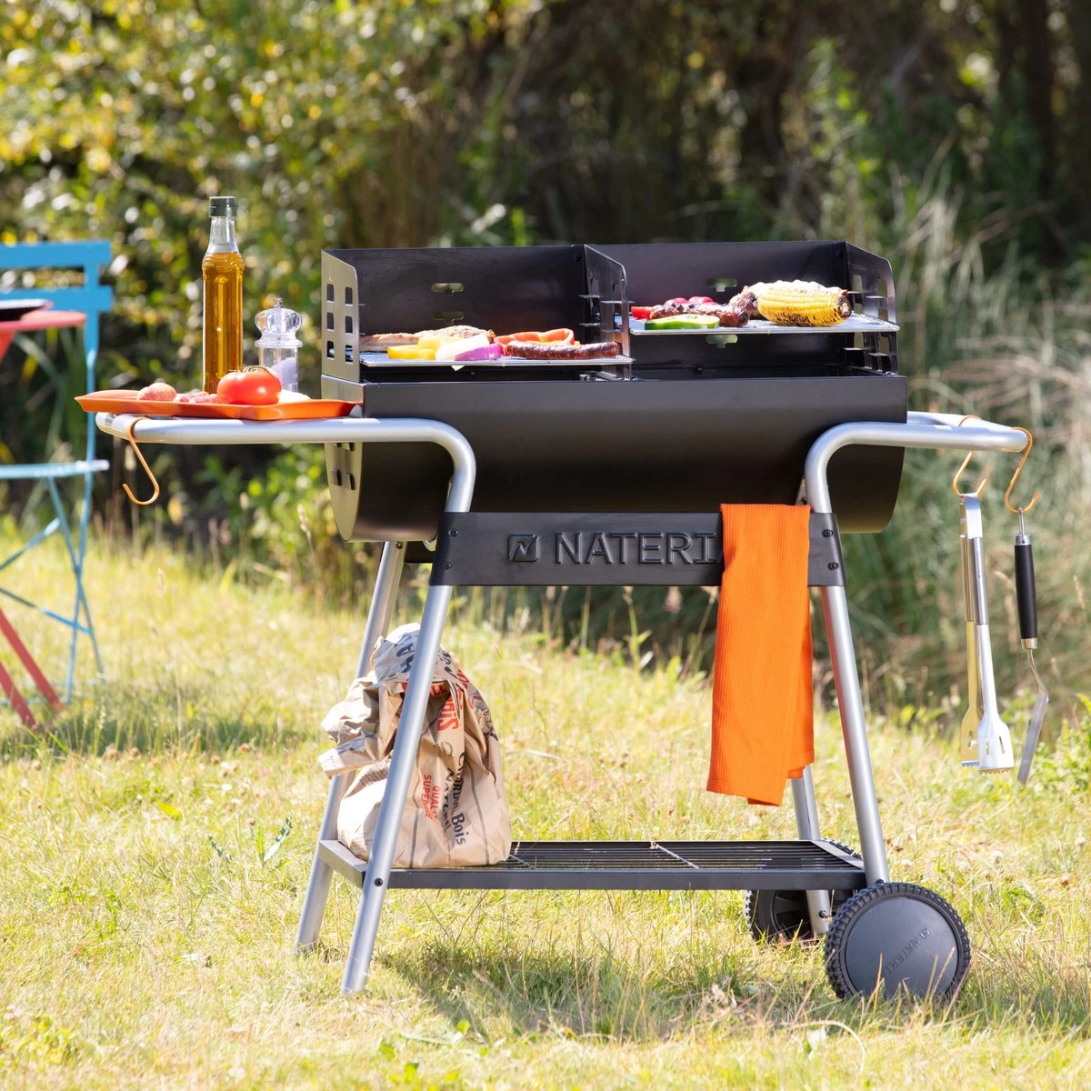 NATERIAL - Barbecue à Charbon ICARUS - Chariot 10 Personnes - H.92 X L.110 X P.61 Cm - Acier Peint - Zwart - BBQ Angulaire Sans Couvercle – Image 12