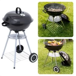 Cheqo® Kogelbarbecue Sur Roues - Barbecue - BBQ - Bullet Grill - Barbecue à Charbon - 46cm De Diamètre - 78cm De Hauteur - 70cm De Hauteur De Cuisson - Revêtement En Poudre - Mobile - Avec Grille De Rangement - Poignée - Zwart