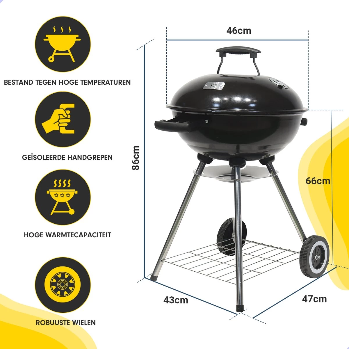 Barbecue AG Ø 46 Cm - Barbecues à Charbon - Barbecue Kogelbarbecue Incl. Thermomètre - Température Inoxydable - Barbecue Rond - Incl. Couvercle Et Roues - Barbecue Traditionnel - 7 Personnes - Grille De Ventilation Pour Régulation Oxygène - Zwart - – Image 3