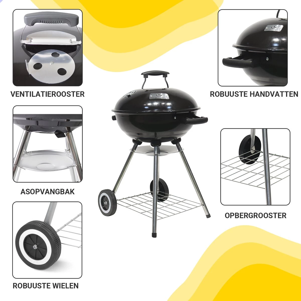 Barbecue AG Ø 46 Cm - Barbecues à Charbon - Barbecue Kogelbarbecue Incl. Thermomètre - Température Inoxydable - Barbecue Rond - Incl. Couvercle Et Roues - Barbecue Traditionnel - 7 Personnes - Grille De Ventilation Pour Régulation Oxygène - Zwart - – Image 9