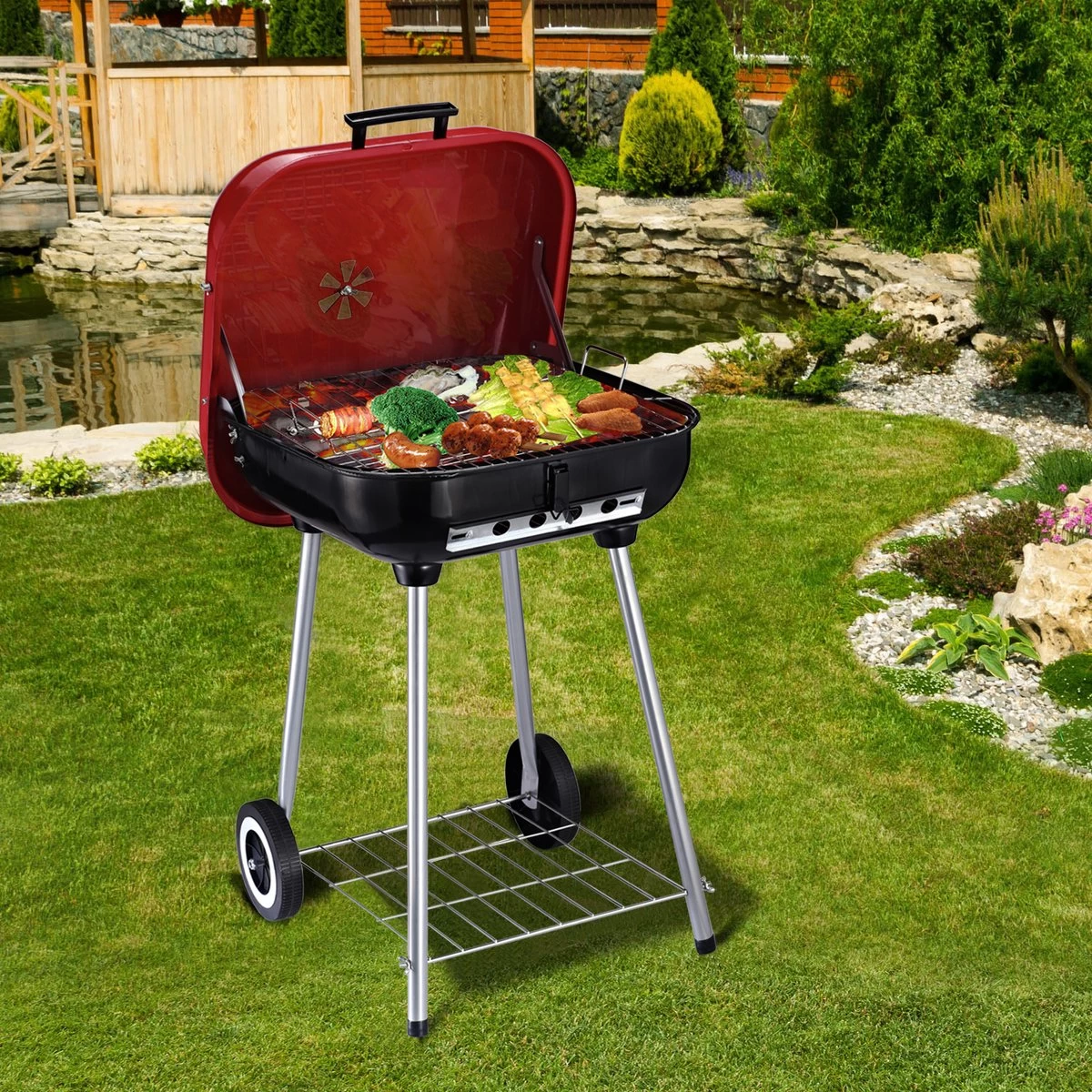 Barbecue à Charbon Outsunny Sur Roulettes Barbecue Chariot Boule Barbecue Grill Avec Couvercle BBQ Métal Rouge 01-0569 – Image 7
