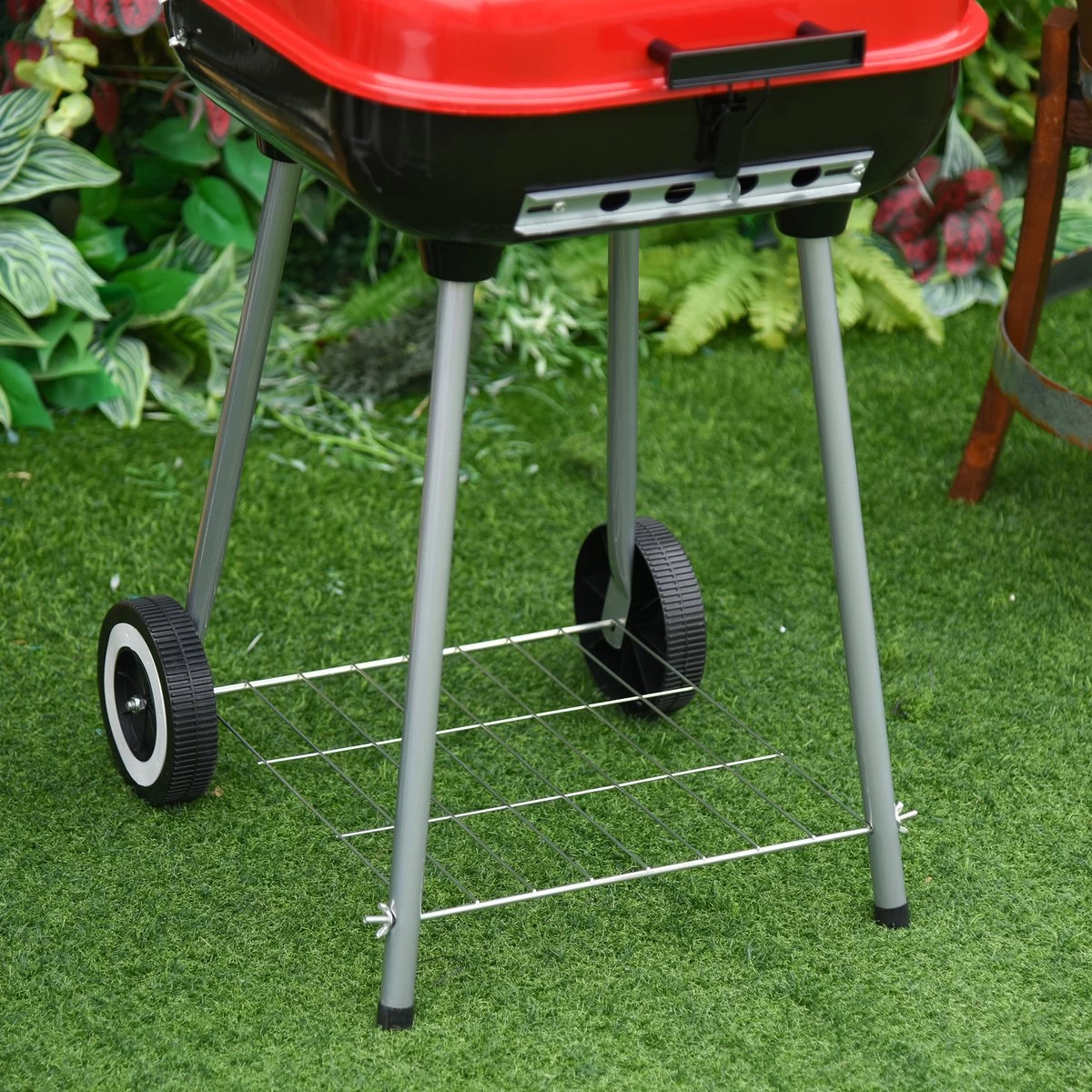 Barbecue à Charbon Outsunny Sur Roulettes Barbecue Chariot Boule Barbecue Grill Avec Couvercle BBQ Métal Rouge 01-0569 – Image 9