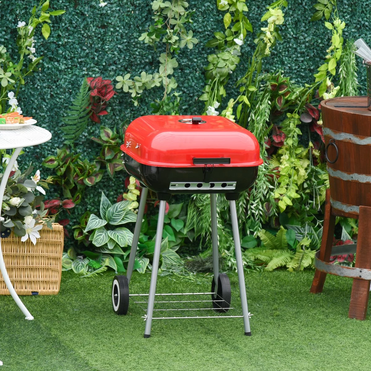 Barbecue à Charbon Outsunny Sur Roulettes Barbecue Chariot Boule Barbecue Grill Avec Couvercle BBQ Métal Rouge 01-0569 – Image 11