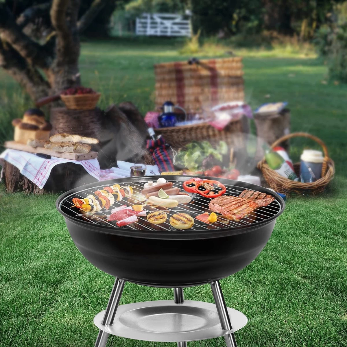 Gril à Charbon Avec Couvercle, Petit Gril De Bouilloire, Mini Gril De Pique-nique, Gril De Camping émaillé Pour Jardin, BBQ , Etc. (noir) – Image 6