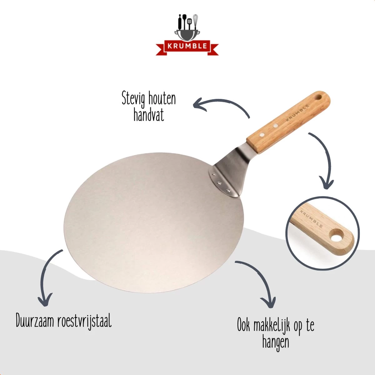 Krumble Pizzascoop - Rond En Acier Inoxydable - Pour Barbecue Ou Four - Pizzaspatch - Poignée En Bois - ø25,5cm De Diamètre – Image 5