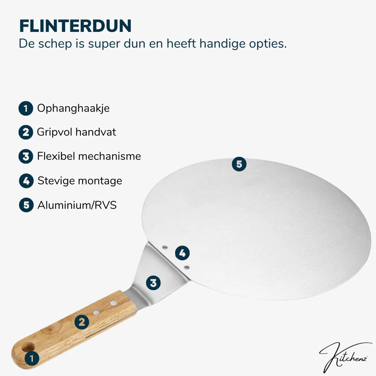 Kitchenz Pelle à Pizza Acier Inoxydable - Pelle à Pizza Pour BBQ - Manche Bois - 25,5 CM – Image 2