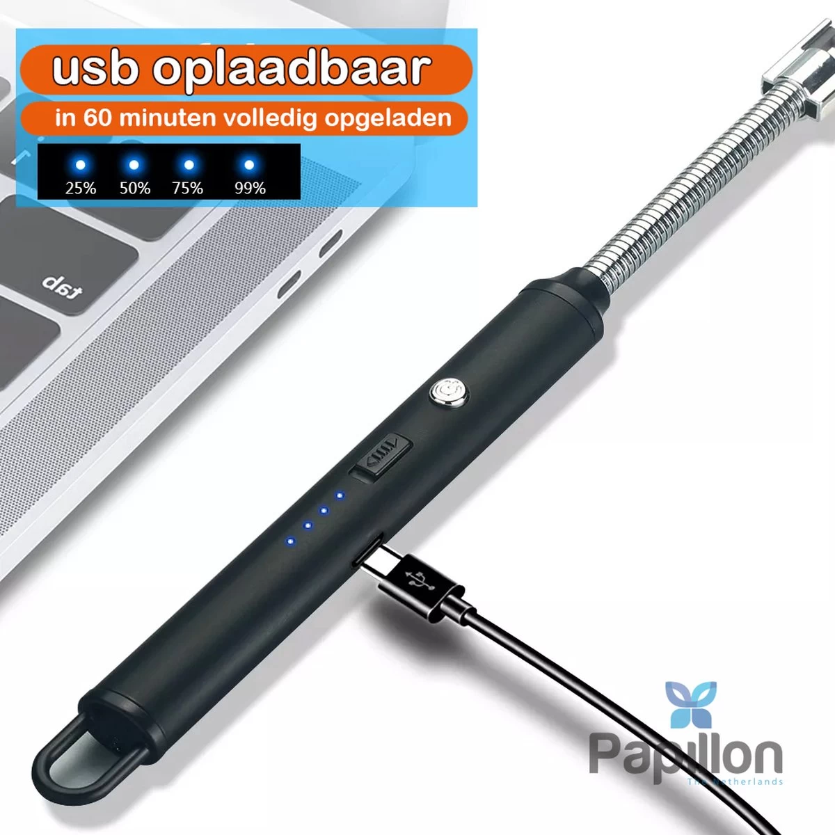 Papillon - Briquet électrique Long - Rechargeable Par USB - Briquet Flexible - Cuisinière à Gaz - Bougies - BBQ - Zwart – Image 3