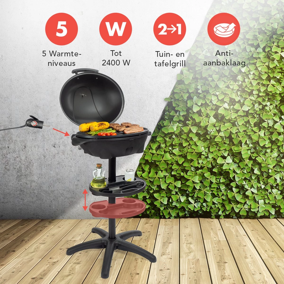 Barbecue électrique KitchenBrothers - Barbecue De Table Avec Plancha - Revêtement Antiadhésif - Incl. Etagère / Système De Fixation Pour GPS - Surface BBQ Grill 46,5x33,8cm - 5 Positions Jusqu'à 300°C - 2400W - Zwart – Image 3