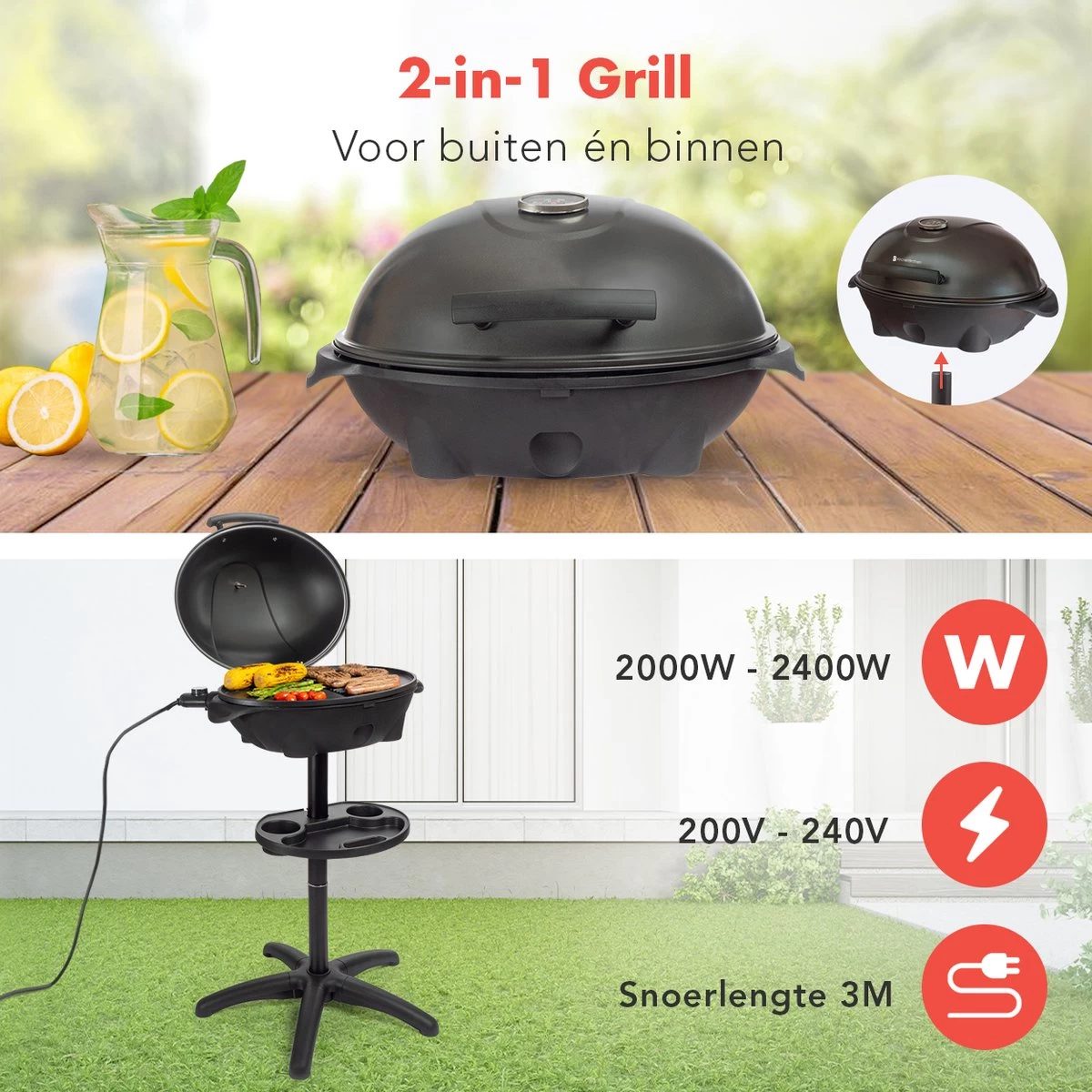 Barbecue électrique KitchenBrothers - Barbecue De Table Avec Plancha - Revêtement Antiadhésif - Incl. Etagère / Système De Fixation Pour GPS - Surface BBQ Grill 46,5x33,8cm - 5 Positions Jusqu'à 300°C - 2400W - Zwart – Image 6