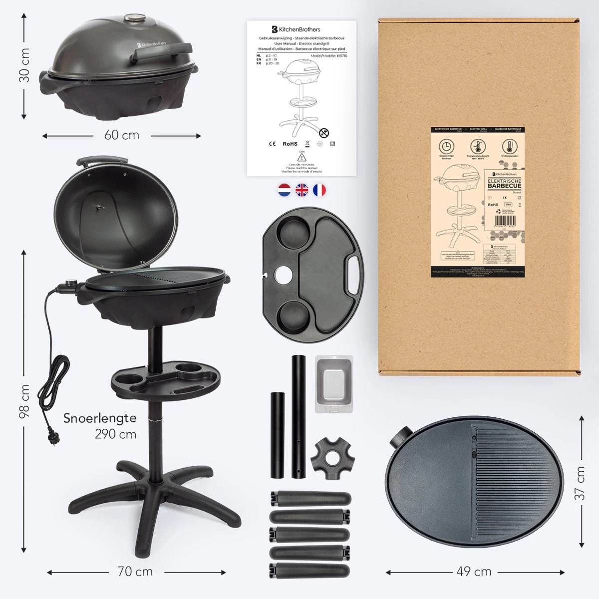 Barbecue électrique KitchenBrothers - Barbecue De Table Avec Plancha - Revêtement Antiadhésif - Incl. Etagère / Système De Fixation Pour GPS - Surface BBQ Grill 46,5x33,8cm - 5 Positions Jusqu'à 300°C - 2400W - Zwart – Image 7