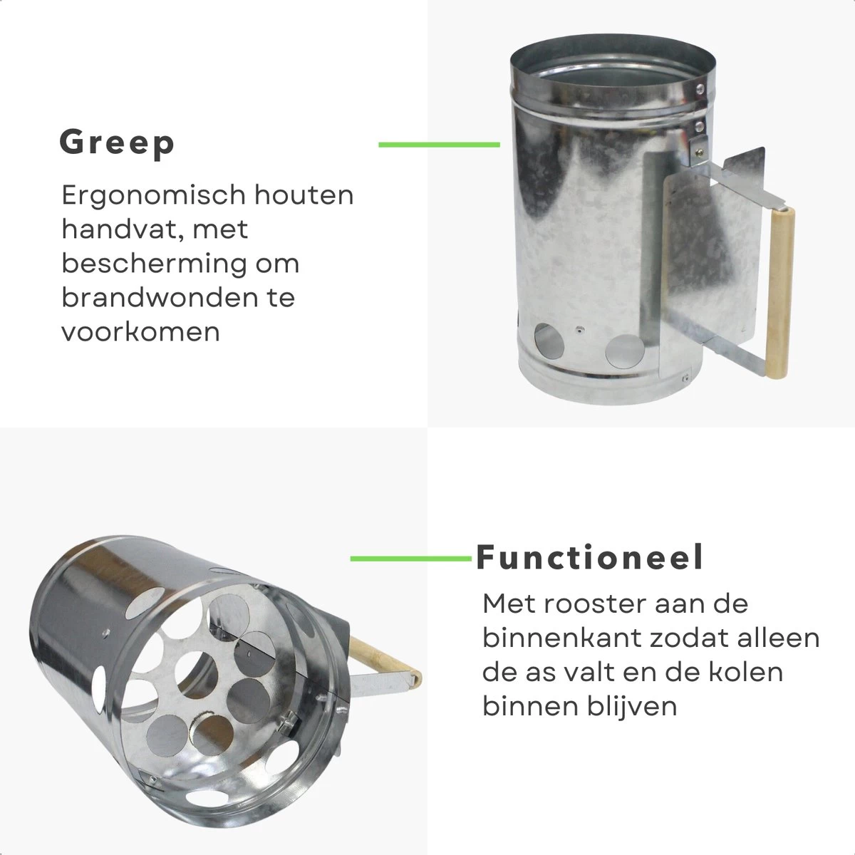 Cheqo® Briquette Starter - Charcoal Starter Metal - BBQ Starter - Barbecue Quick Starter - 27x16cm - BBQ Starter - Allume-feu - Surface Réfractaire - Manche Bois - Bouclier Thermique – Image 2