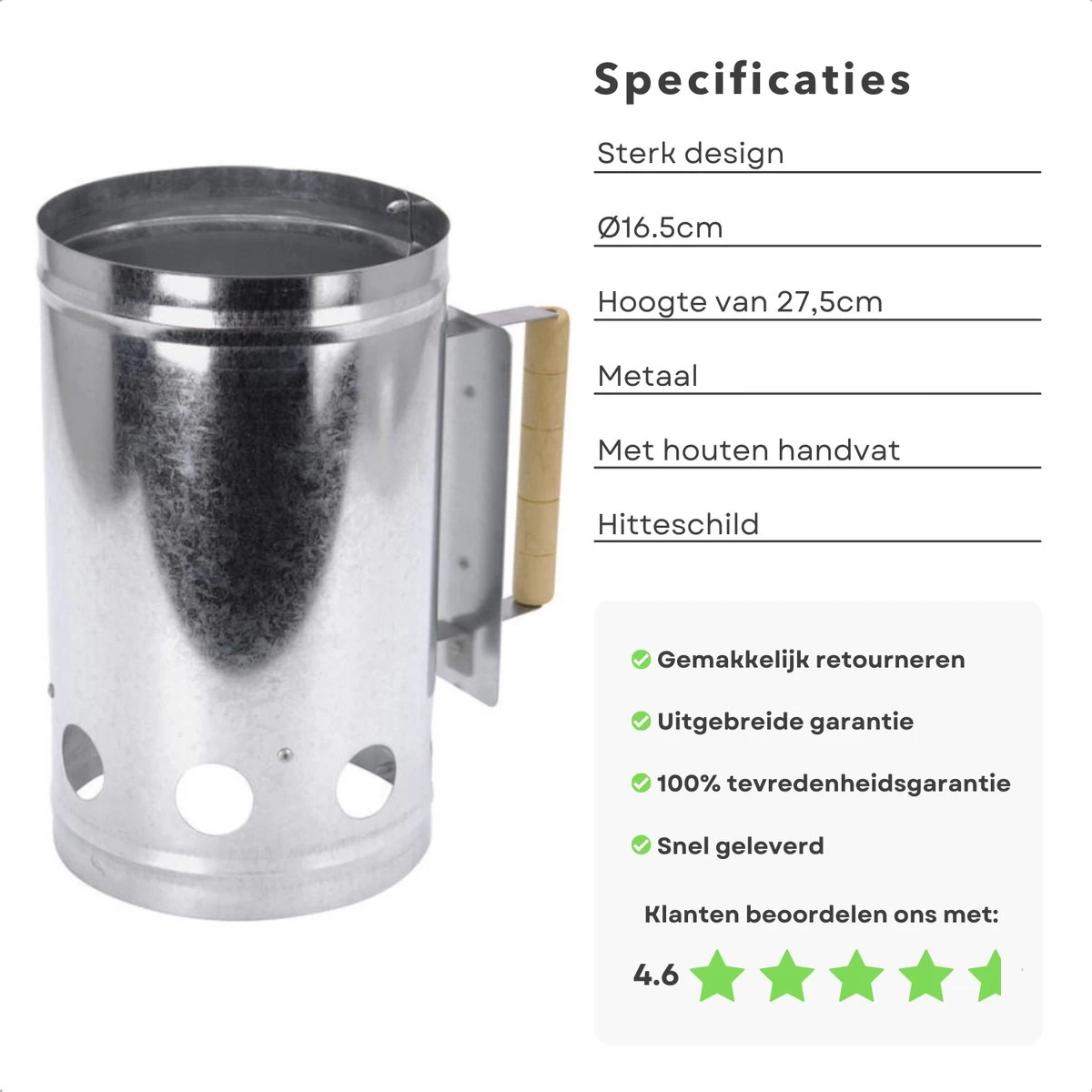 Cheqo® Briquette Starter - Charcoal Starter Metal - BBQ Starter - Barbecue Quick Starter - 27x16cm - BBQ Starter - Allume-feu - Surface Réfractaire - Manche Bois - Bouclier Thermique – Image 3