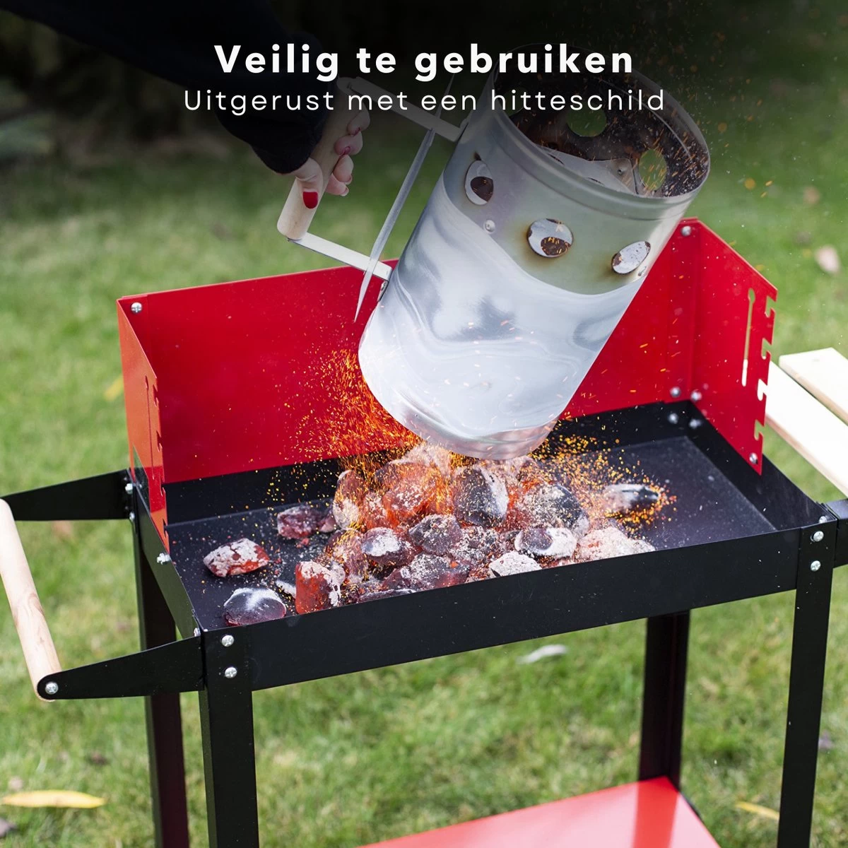 Cheqo® Briquette Starter - Charcoal Starter Metal - BBQ Starter - Barbecue Quick Starter - 27x16cm - BBQ Starter - Allume-feu - Surface Réfractaire - Manche Bois - Bouclier Thermique – Image 4