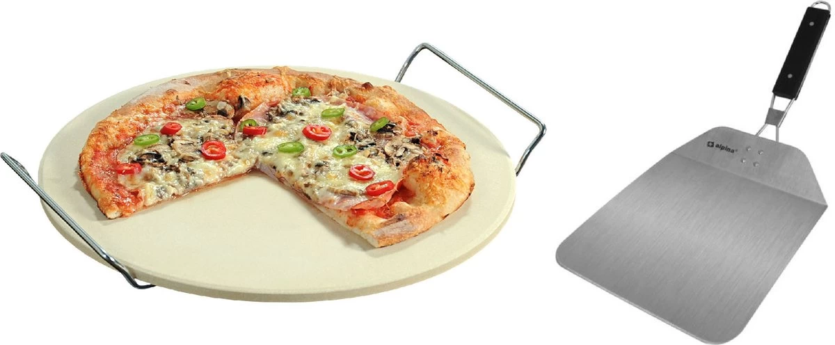 Pierre à Pizza En Céramique Ronde 33 Cm Avec Poignées - Avec Pelle à Pizza En Acier Inoxydable Pliante 25 Cm - Pierre à Pizza Pour BBQ/ Four
