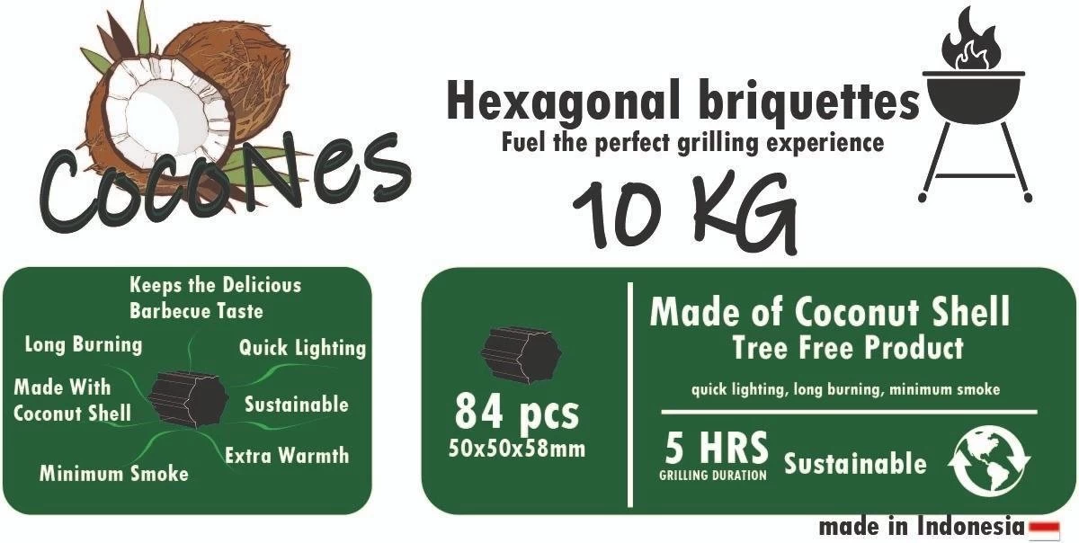Briquettes De Noix De Coco 10 KG - Briquettes Hexagonales - Briquettes De Noix De Coco - BBQ