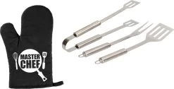 Ensemble De 3 Outils Pour Barbecue / Bbq 33 Cm En Acier Inoxydable - Avec Gant De BBQ Masterchef - Cadeau Papa / Vaderdag
