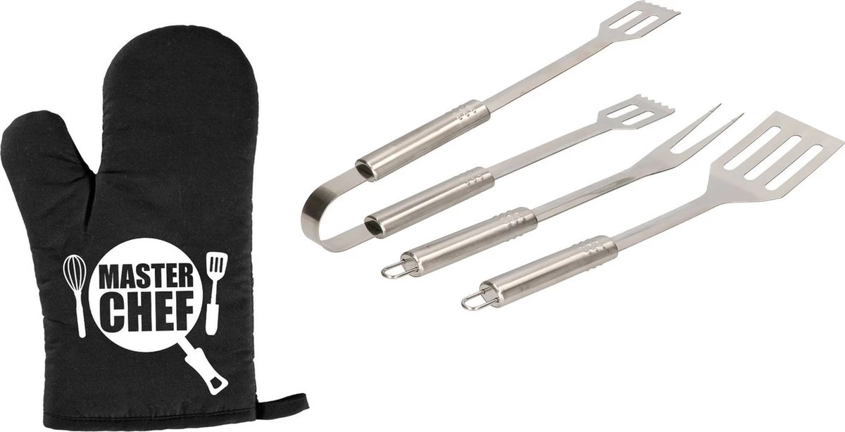 Ensemble De 3 Outils Pour Barbecue / Bbq 33 Cm En Acier Inoxydable - Avec Gant De BBQ Masterchef - Cadeau Papa / Vaderdag