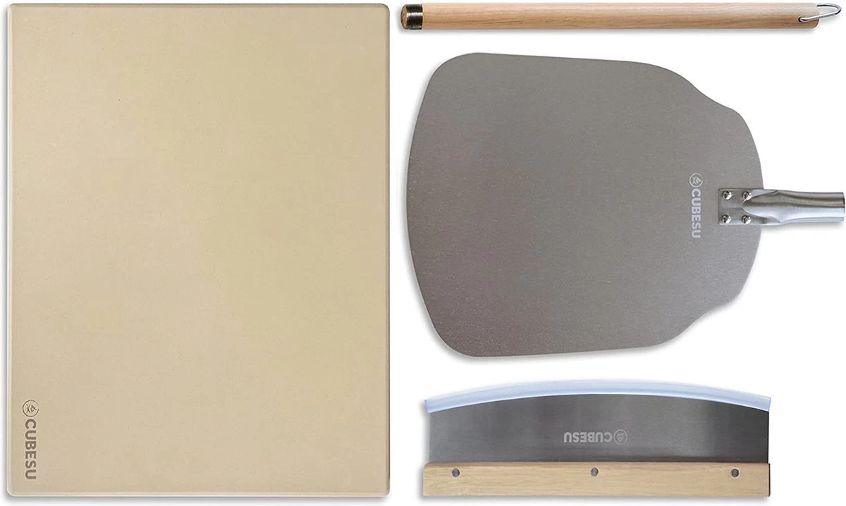 Pierre à Pizza Pour Four Et Gril à Gaz (lot De 4) Comprenant Une Pelle à Pizza, Un Couteau à Pizza Et Un Livre De Cuisine - Pierre à Pizza Rectangulaire Pour Une Pizza Délicieuse Et Croustillante