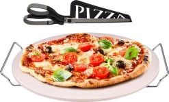 Pierre à Pizza BBQ/ Four Rond En Céramique 33 Cm Avec Poignées - Avec Ciseaux à Pizza Noir 30 Cm - Barbecue