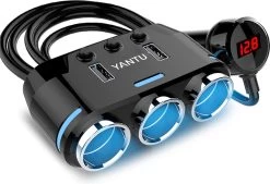 Répartiteur Allume-cigare De Voiture Yantu Avec éclairage LED 12V/24V - 3x Entrée Allume-cigare - 2x USB - Avec Voltmètre