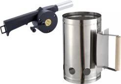 Briquettes De Barbecue Démarreur En Acier Inoxydable Avec Manche En Bois 27 X 17 Cm - Avec Souffleur/souffleur/ventilateur BBQ Noir 30 Cm