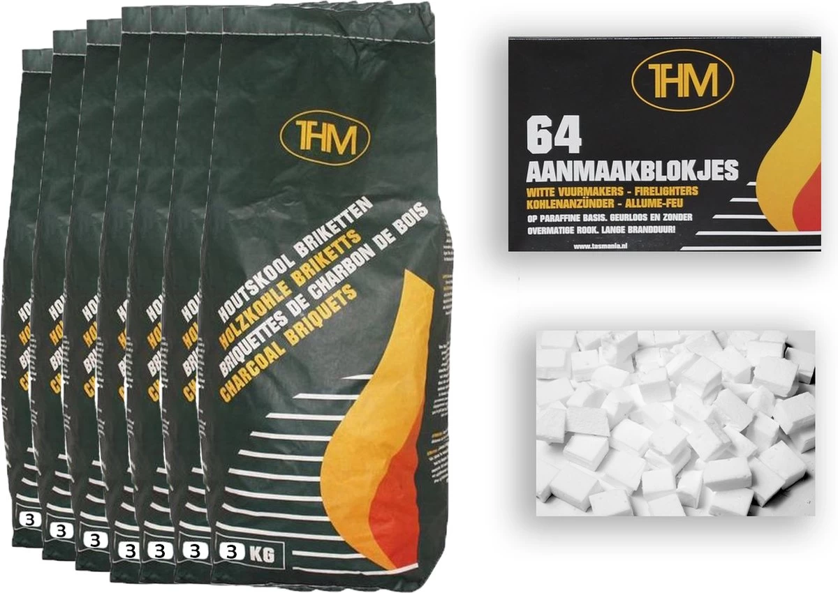 7X Briquettes De Charbon De Bois De 3 KG Avec Allume-feu 64 Pièces - Barbecue - BBQ - 7 Pièces - Briquettes De 21 Kilogrammes