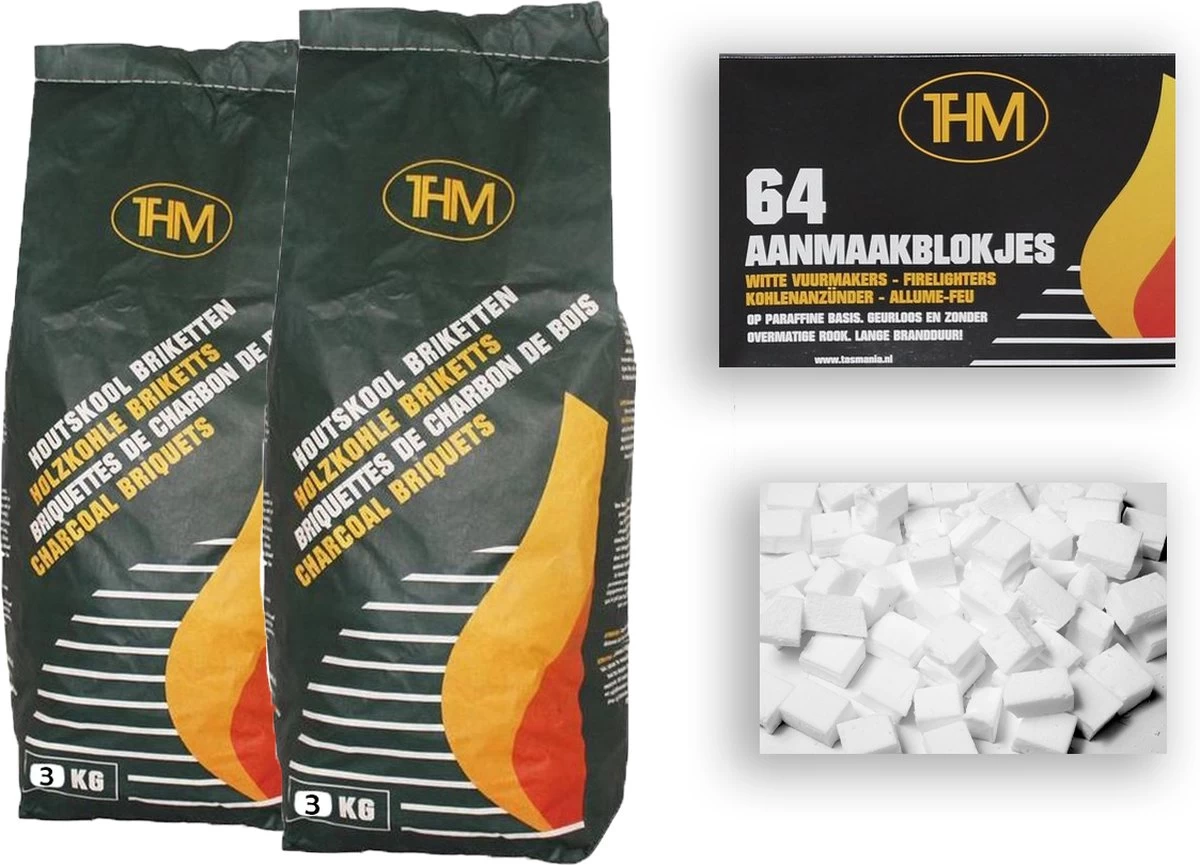 2X Briquettes De Charbon De Bois De 3 KG Avec Allume-feu 64 Pièces - Barbecue - BBQ - 2 Pièces - Briquettes De 6 Kilogrammes