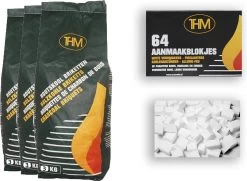 3X Briquettes De Charbon De Bois De 3 KG Avec Allume-feu 64 Pièces - Barbecue - BBQ - 3x 3 = 9KG Pièces