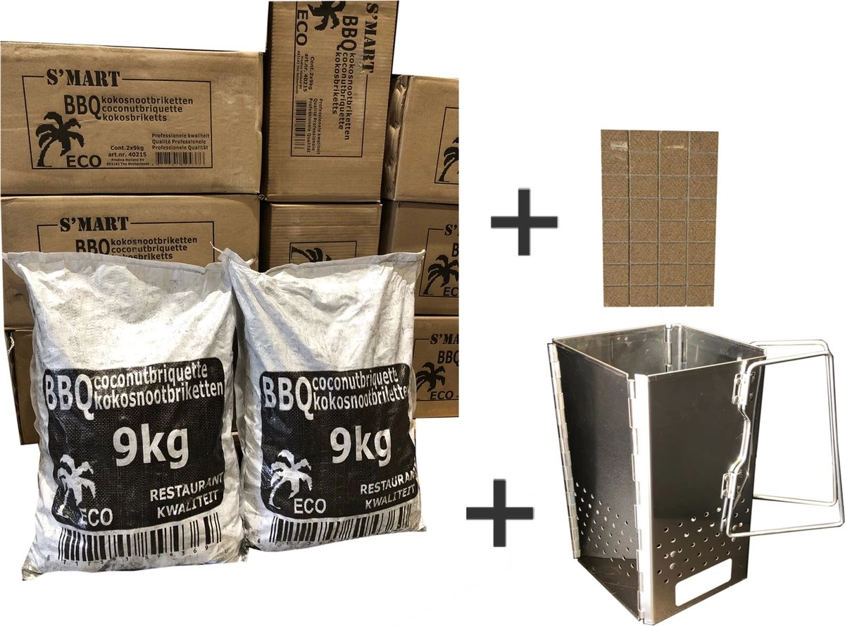 Briquettes De Noix De Coco 2x9kg S'MART + Allume-feu Gratuits + Allume-feu Pliable, Emballage Avantageux, S'MART, Briquettes De Coco, Briquettes De Noix De Coco Avec Allume-feu Gratuits Et Allume-feu Pliant