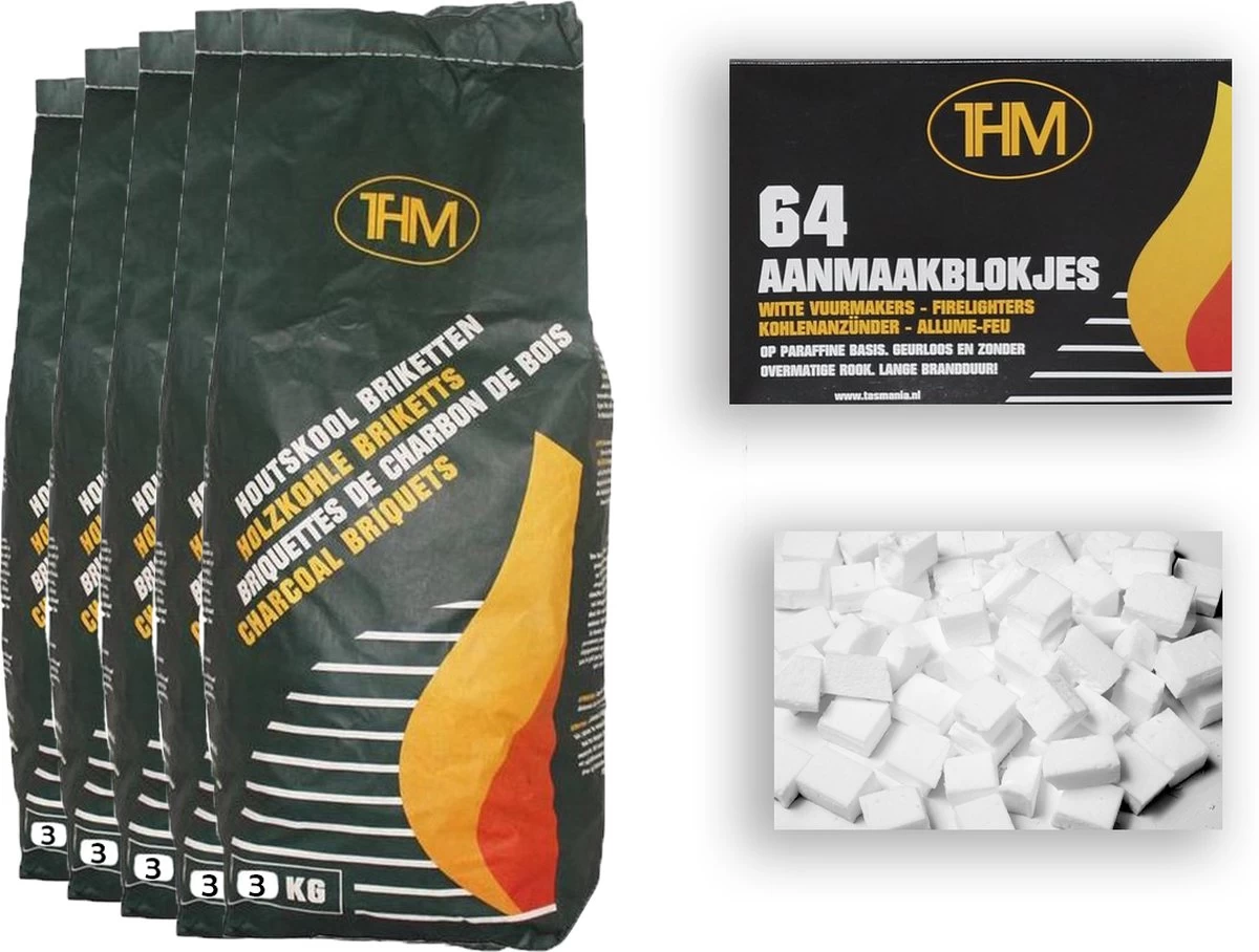 5X Briquettes De Charbon De Bois De 3 KG Avec Allume-feu 64 Pièces - Barbecue - BBQ - 5 Pièces - Briquettes De 15 Kilogrammes