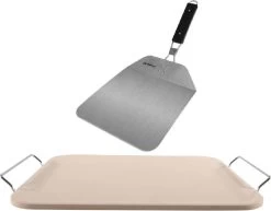Pierre à Pizza Rectangulaire 30 X 38 Cm Avec Anses - Avec Pelle à Pizza Inox Pliante 25 Cm - Pierre à Pizza BBQ/ Four