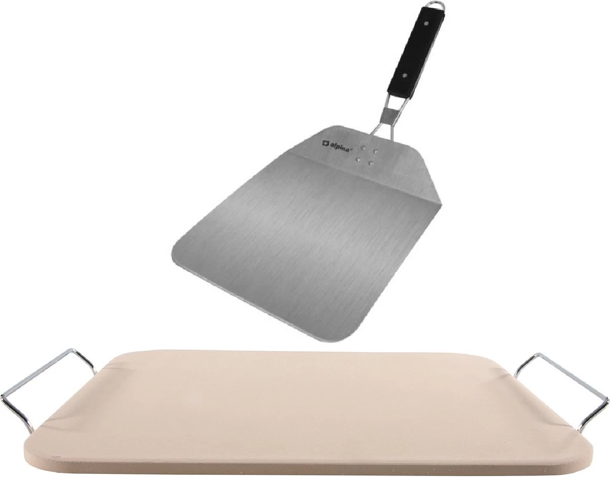 Pierre à Pizza Rectangulaire 30 X 38 Cm Avec Anses - Avec Pelle à Pizza Inox Pliante 25 Cm - Pierre à Pizza BBQ/ Four
