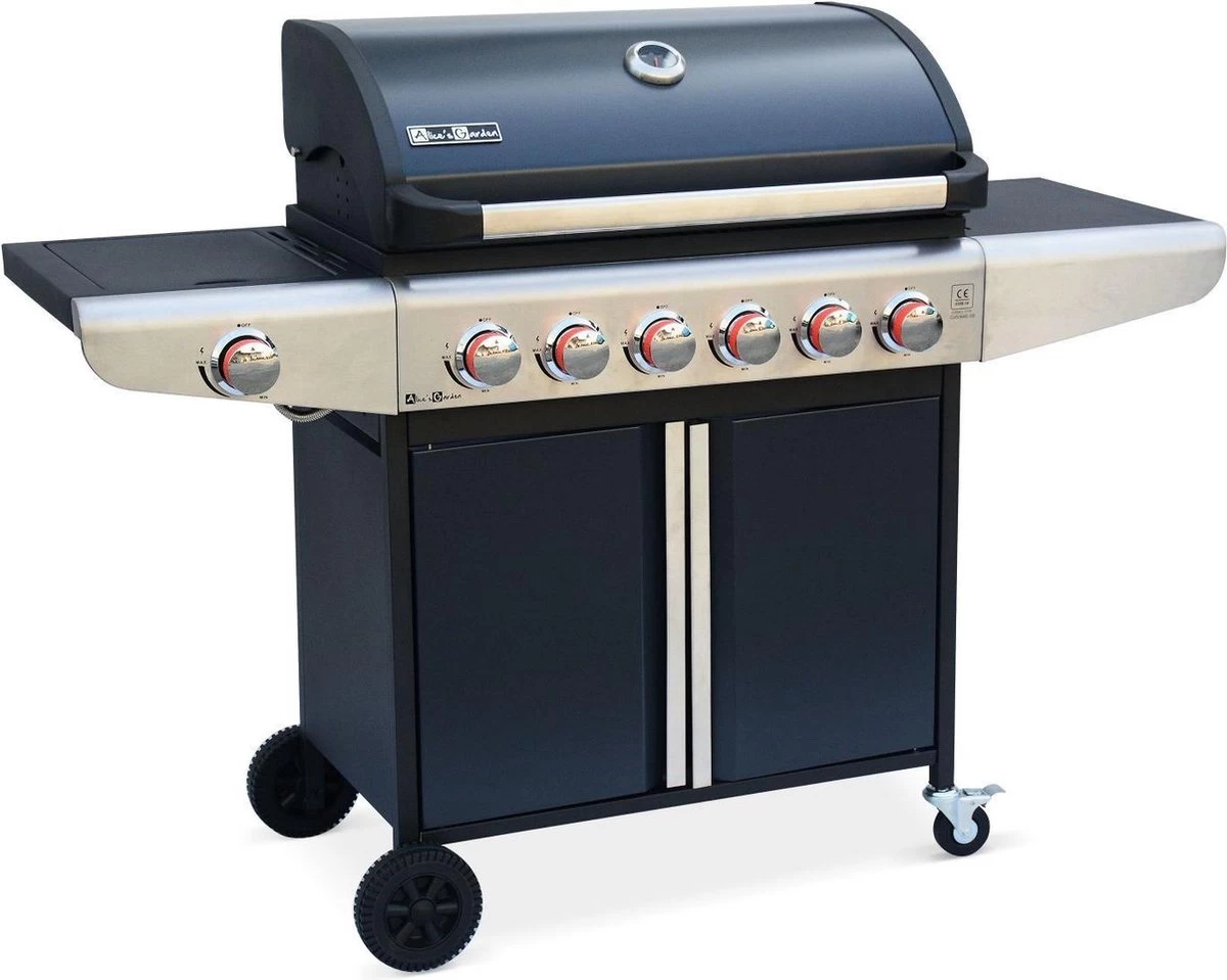 Barbecue à Gaz Bazin 6 Anthracite 6 Brûleurs 1 Brûleur Latéral Avec Panneaux Latéraux Et Thermomètre - Raccordement Gaz G1 2 F15-21 Inclus.